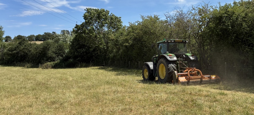 John Deere 6150R tractor with Teagle flail topper carrying out grass topping on a paddock near Banbury, Oxfordshire.
